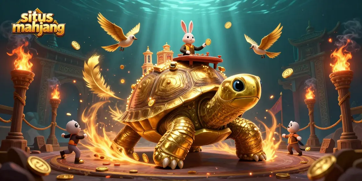 Engage with situs mahjong's thrilling visuals, featuring a golden tortoise casino and a rabbit dealer.