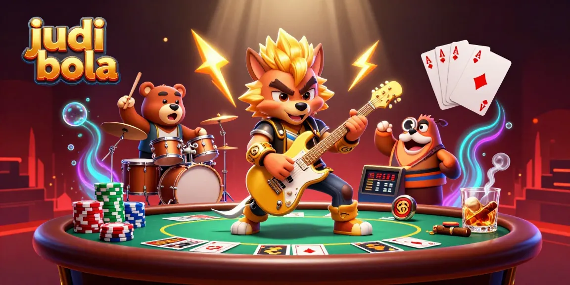 Bet on judi bola with exciting scenes of a rock star wolf and a drummer bear in an electrifying casino.