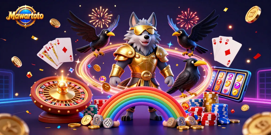 Mawartoto showcases a vibrant scene with a 3D illustration of the Odin wolf, casino chips, and winning game elements.