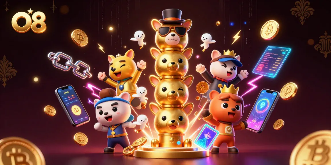 Experience the thrill of O8 casino with dazzling animated 3D characters and crypto elements.