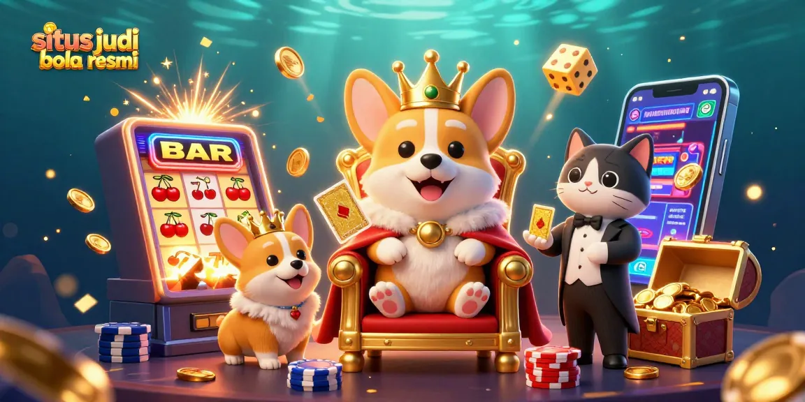 Menggambil taruhan dengan situs judi bola resmi, ilustrasi 3D corgi raja dalam panggung kasino yang kaya detail
