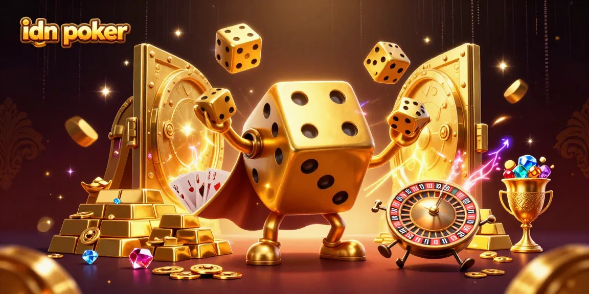 Mainkan idn poker dengan karakter dadu emas dan efek uang berkilauan yang kaya.