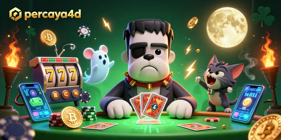 Rasakan keseruan bermain slot di percaya4d dengan Frankenstein bulldog dan kucing serigala yang menampilkan atmosfer kasino yang spooky
