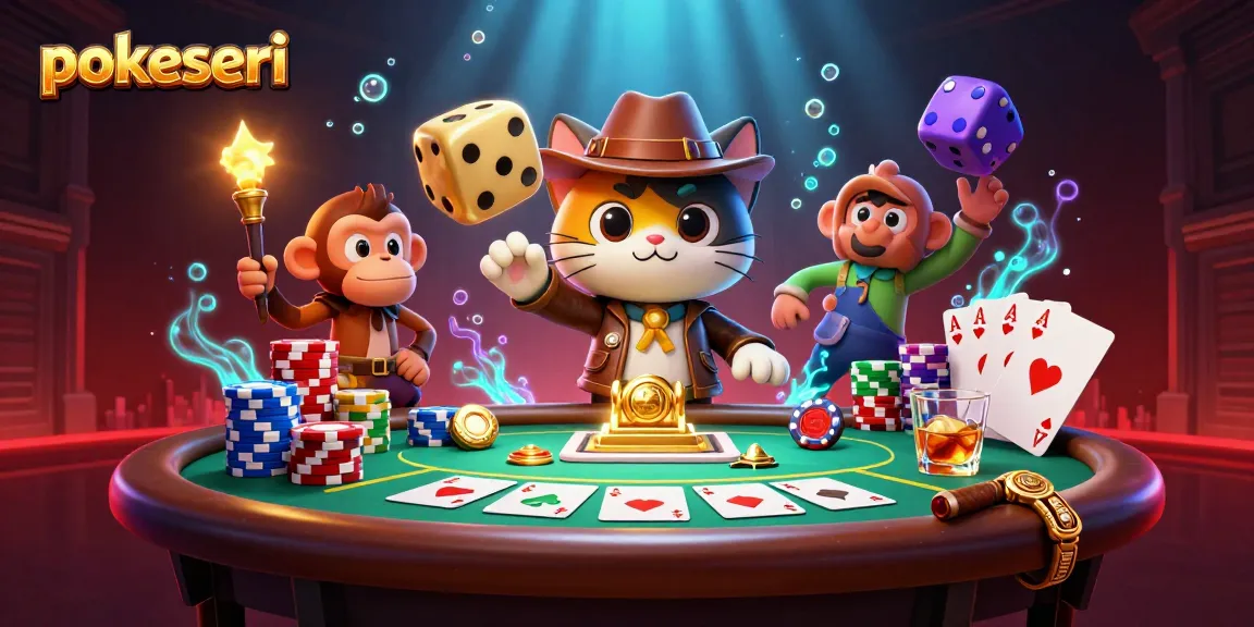 Permainan poker di pokerseri dengan karakter penjelajah dan kucing arkeolog, lingkungan yang menarik.