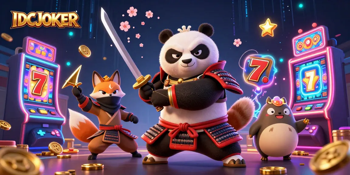 IDCJOKER offers dynamic online gaming experience showcasing a samurai panda and ninja fox in a vibrant casino setting.