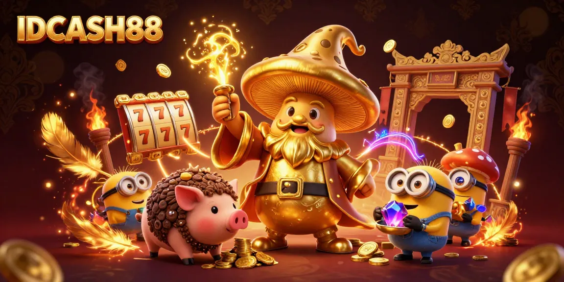 Experience thrilling gaming with IDCASH88, where a golden mushroom wizard and friends uncover riches across dynamic slot reels.
