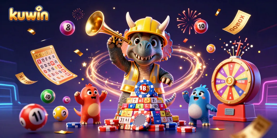 Kuwin features a dynamic celebration with cartoon dinosaurs building poker chip pyramids amidst lottery balls and confetti.
