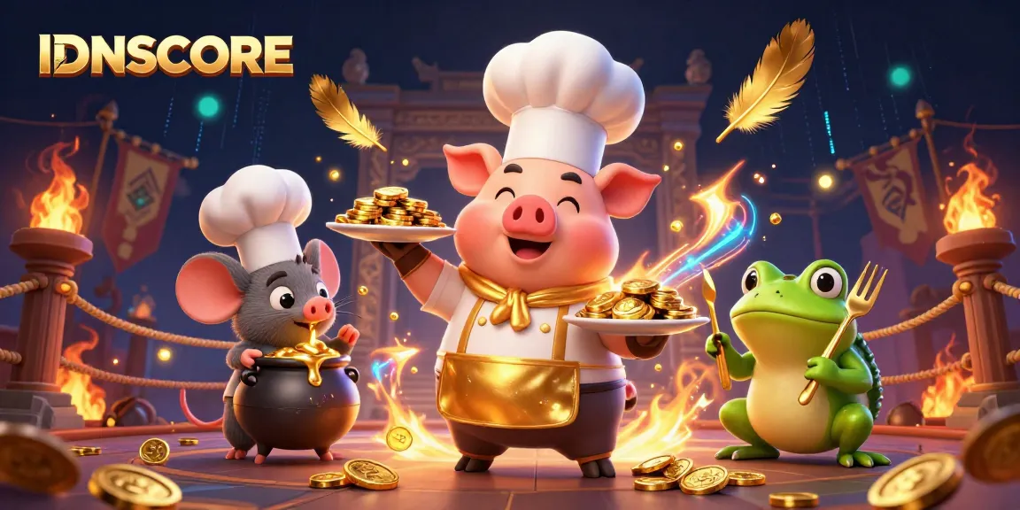 IDNSCORE showcases an exciting gaming scene with a chef pig, mouse, and frog in a vibrant casino environment.