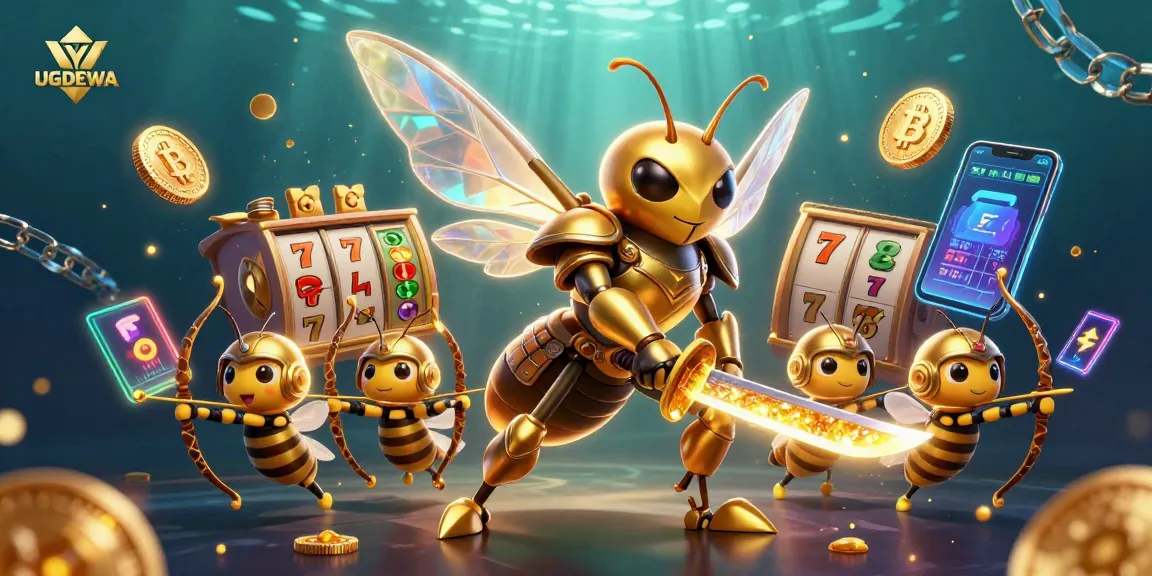 Spin the reels at UGDEWA, featuring a gold hornet warrior with slots and crypto elements.