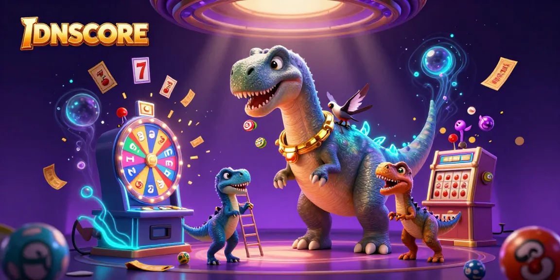 IDNSCORE showcases thrilling slot machine excitement with a colorful casino scene.
