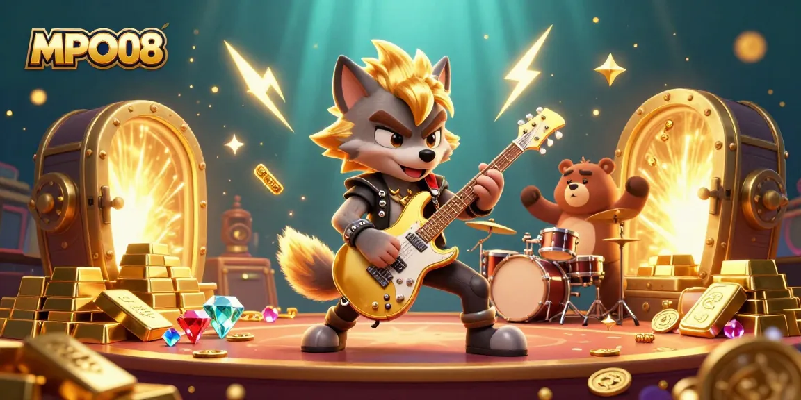 MPO08 energizes with a wolf rock star and a wild bear drummer on a casino stage amidst treasure vaults and gold.
