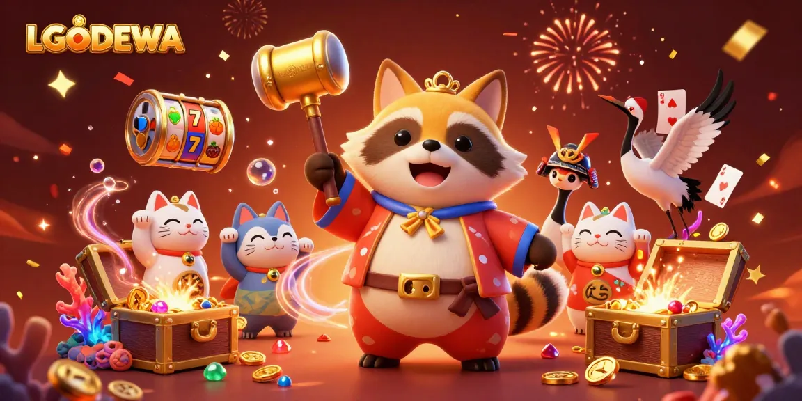 Experience thrilling gameplay with LGODEWA as cheerful tanuki celebrates wins surrounded by dazzling slot elements and fortune cats.