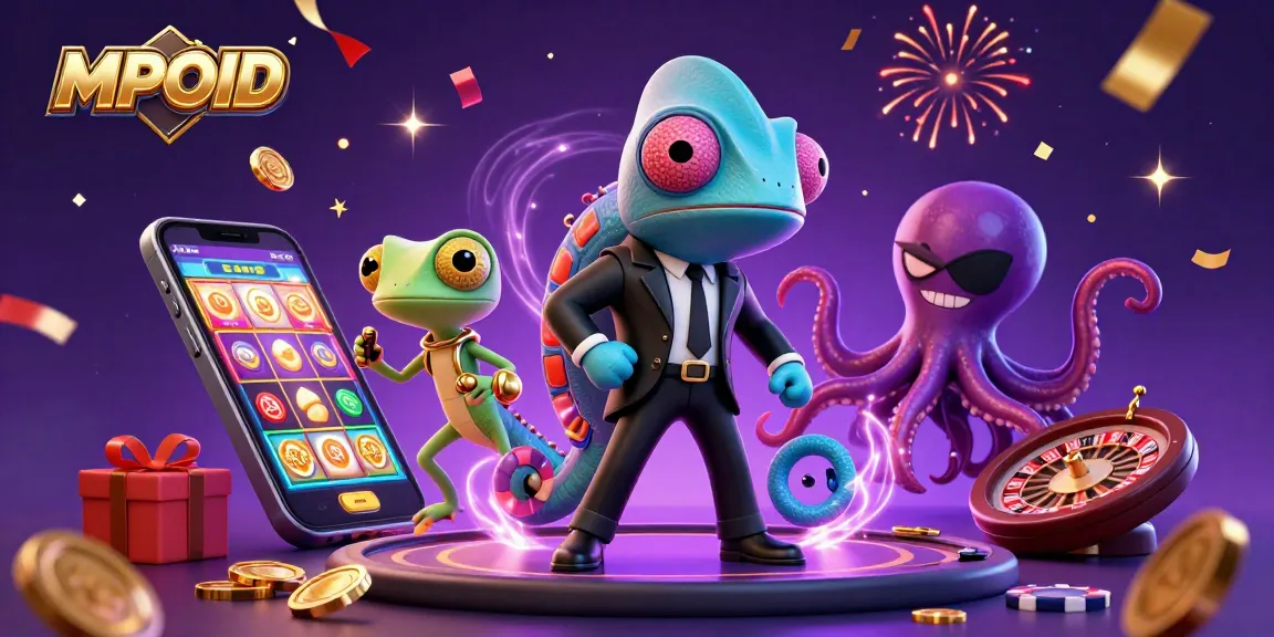 MPOID platform showcases an engaging casino scene with a dynamic chameleon agent, a tech-savvy gecko, and a villainous octopus, surrounded by lively slot games and confetti.