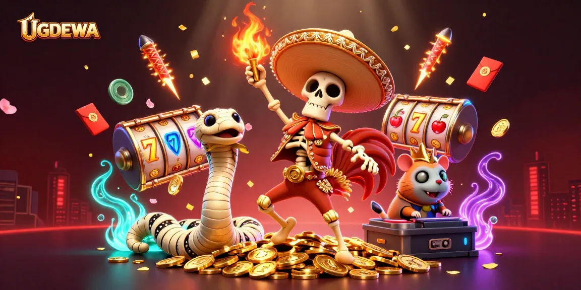 Spin the reels at UGDEWA with vibrant characters and golden coins in a thrilling casino scene.