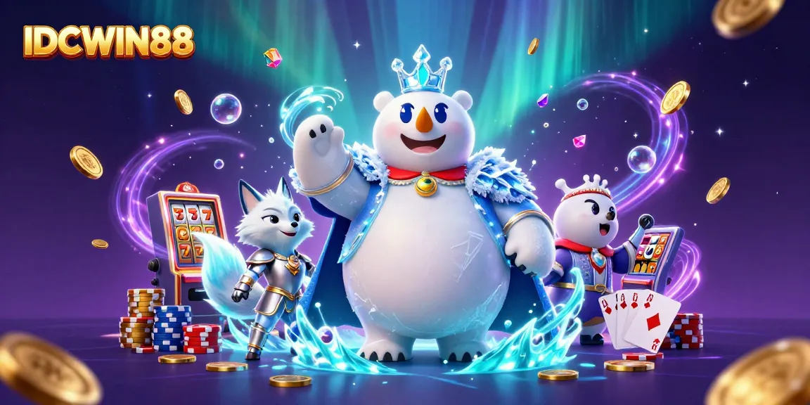 IDCWIN88 promotional illustration featuring a polar bear and snow fox in a dynamic casino scene.