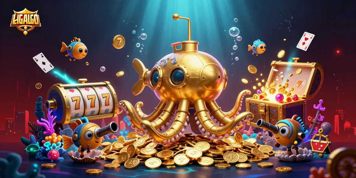 LIGALGO showcases dynamic casino imagery with a golden kraken submarine and vibrant slot elements.