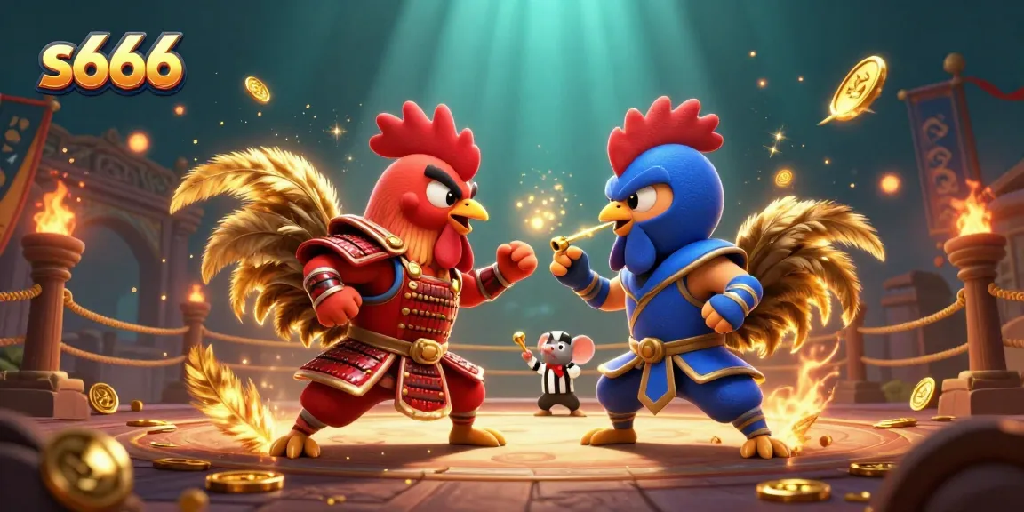 S666 showcases an epic showdown between twin cartoon roosters in a vibrant casino-themed illustration.