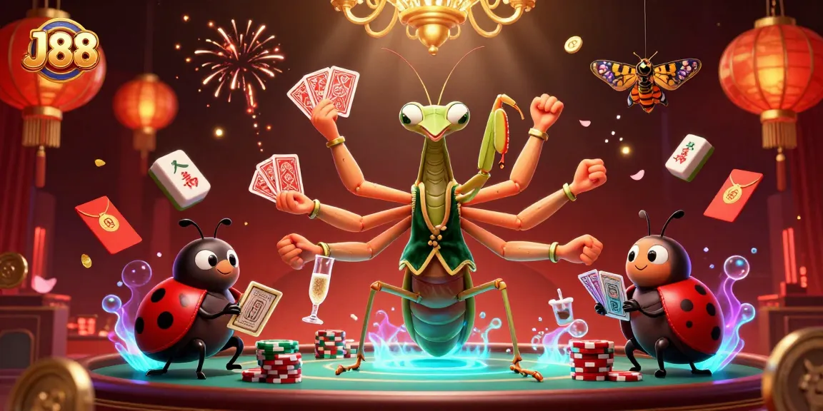 Engage in thrilling J88 games with a dynamic scene featuring a mantis dealer, ladybug pit boss, and lively casino elements.