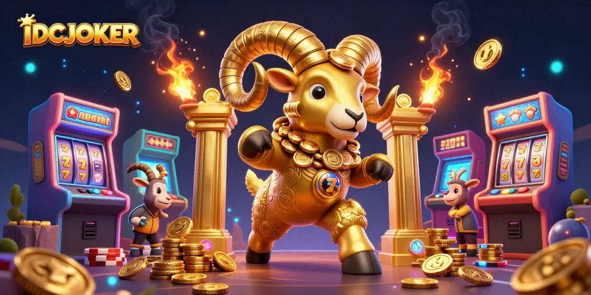 IDCJOKER showcases a golden ram charging through a slot machine gauntlet, embodying excitement and riches.