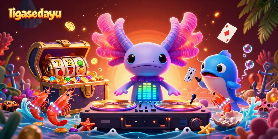 Menggairahkan kemenangan di ligasedayu dengan DJ axolotl neon yang memputar slot dan banyak elemen menjulang.