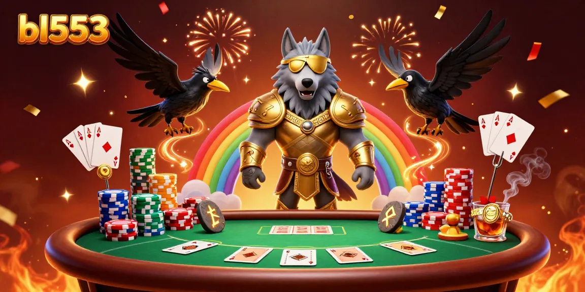 Experience high-stakes gaming at BL5553, depicted through vibrant poker elements and mythical figures.