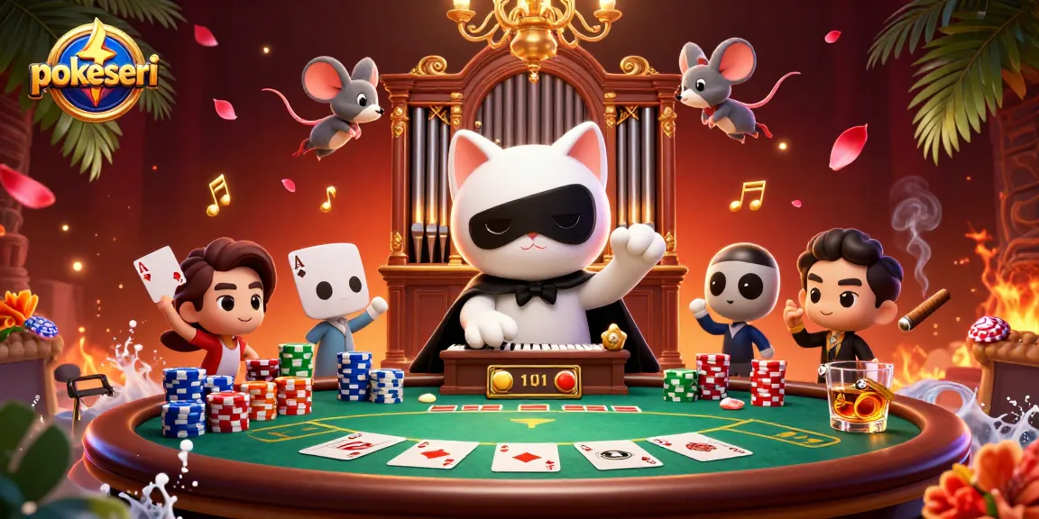 Permainan pokerseri yang seru dengan kucing berkedok dan akrobat tikus di kasino megah.