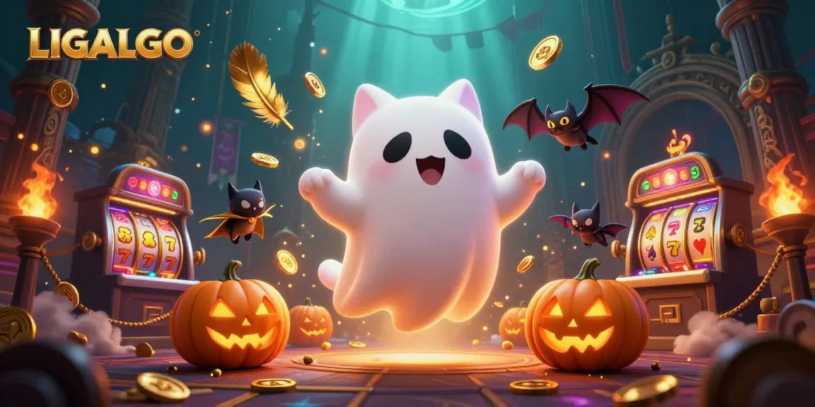 LIGALGO showcases a playful ghost cat in a vibrant casino setting, engaging players with winning slot machines.