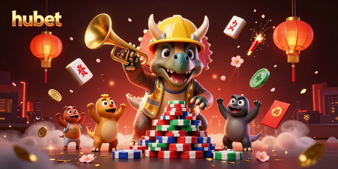 Engage with hubet's exciting casino universe, featuring a cartoonized triceratops building poker chips.