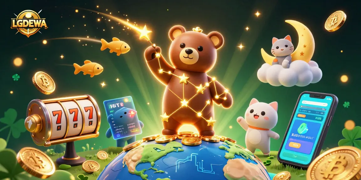 LGODEWA offers thrilling gaming experiences with vibrant slot elements and golden coins in a captivating illustration.