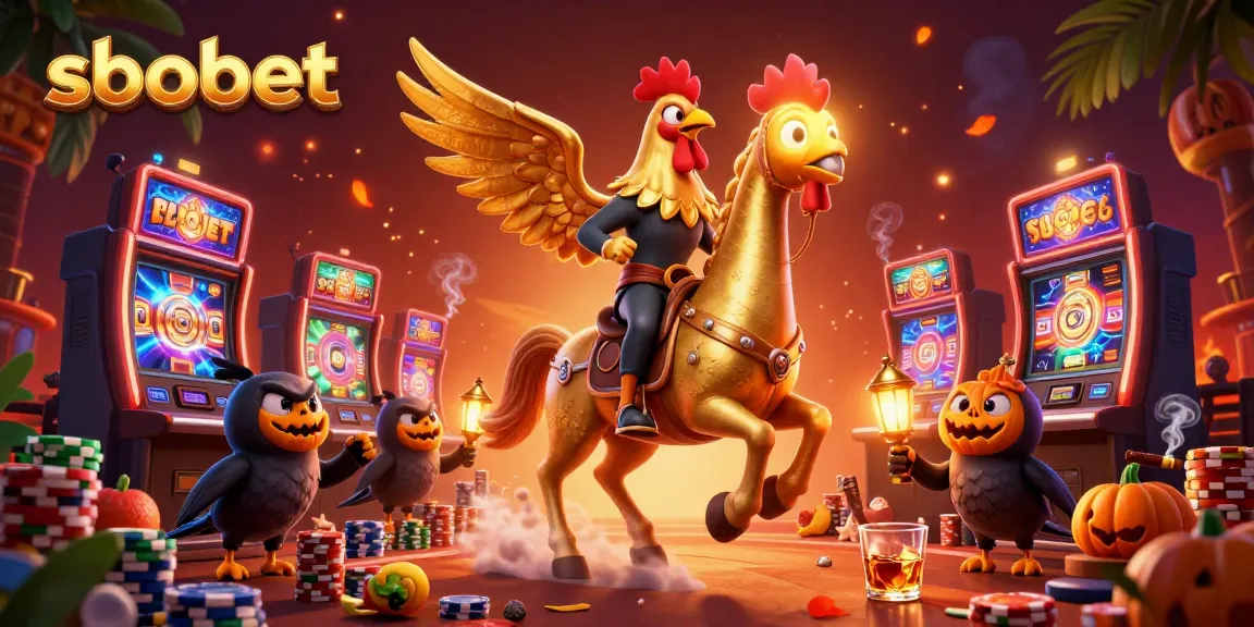 Experience sbobet with vibrant slots and a golden rooster amidst a thrilling casino scene.