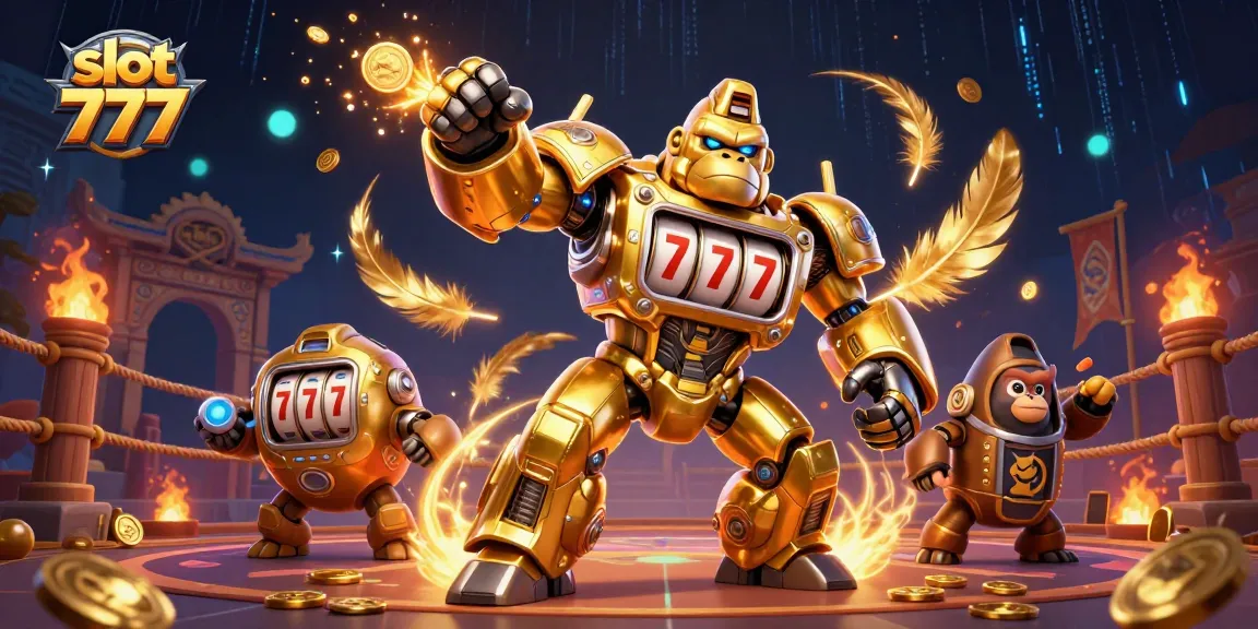 Menangkan slot 777 dengan mekanik gorila emas dalam ilustrasi kasino yang penuh detail.