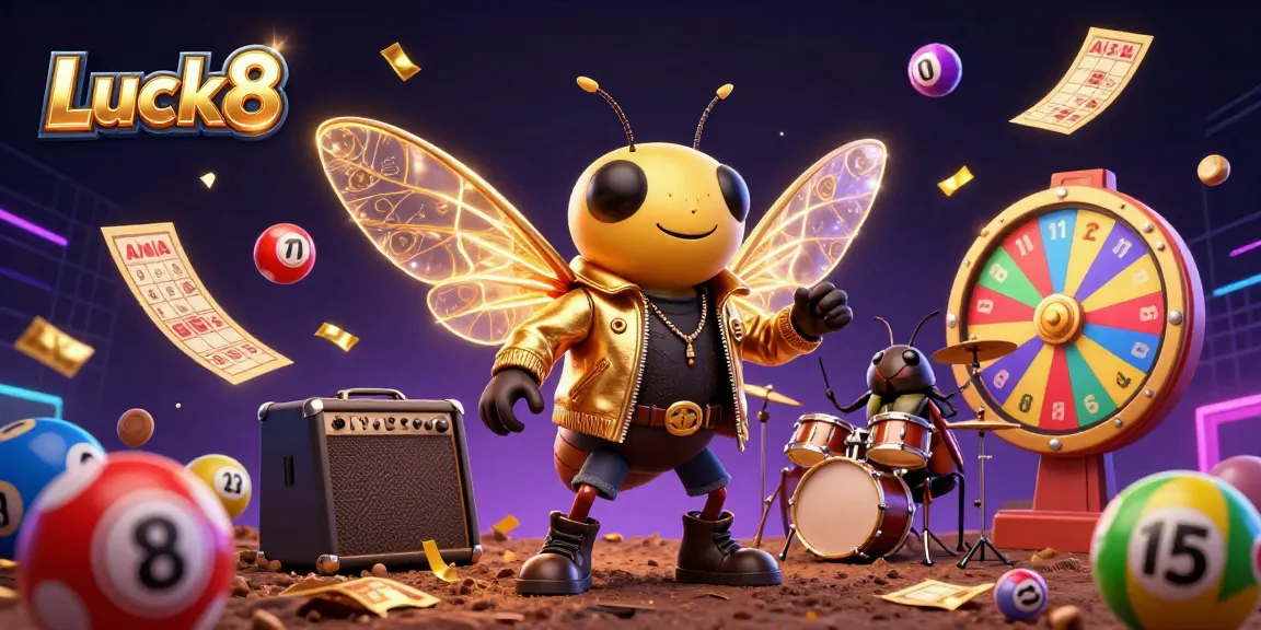 Luck8 presents an immersive 3D casino experience with vibrant lottery elements and rock star characters.
