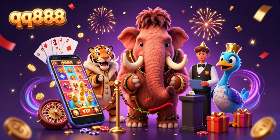 Experience thrilling gaming adventures with qq888, featuring vibrant characters in a dynamic casino scene.