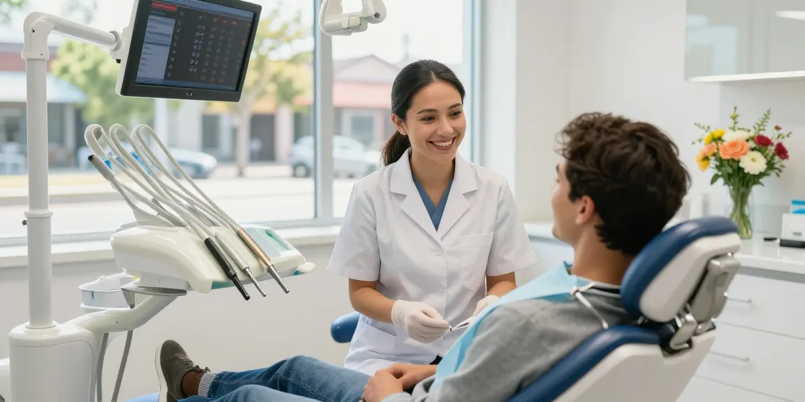 Visit the dentist in a modern, bright dental clinic, showcasing a friendly consultation atmosphere.