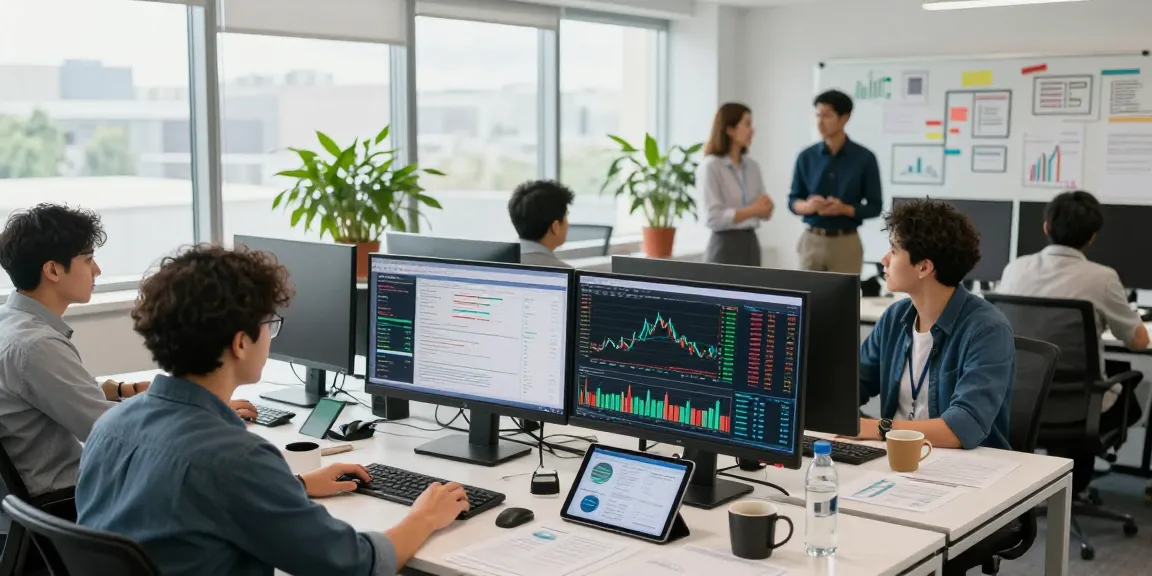 Team analyzing link slot data in a modern energy trading office.
