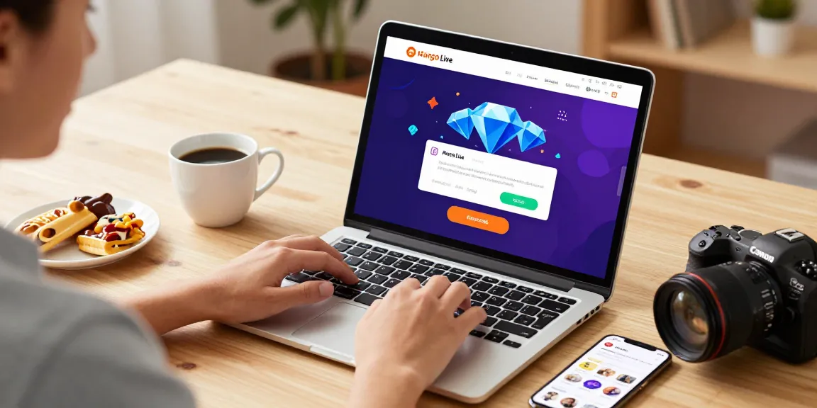 Engaging workspace showing mango live top up on laptop with colorful graphics and smartphone.