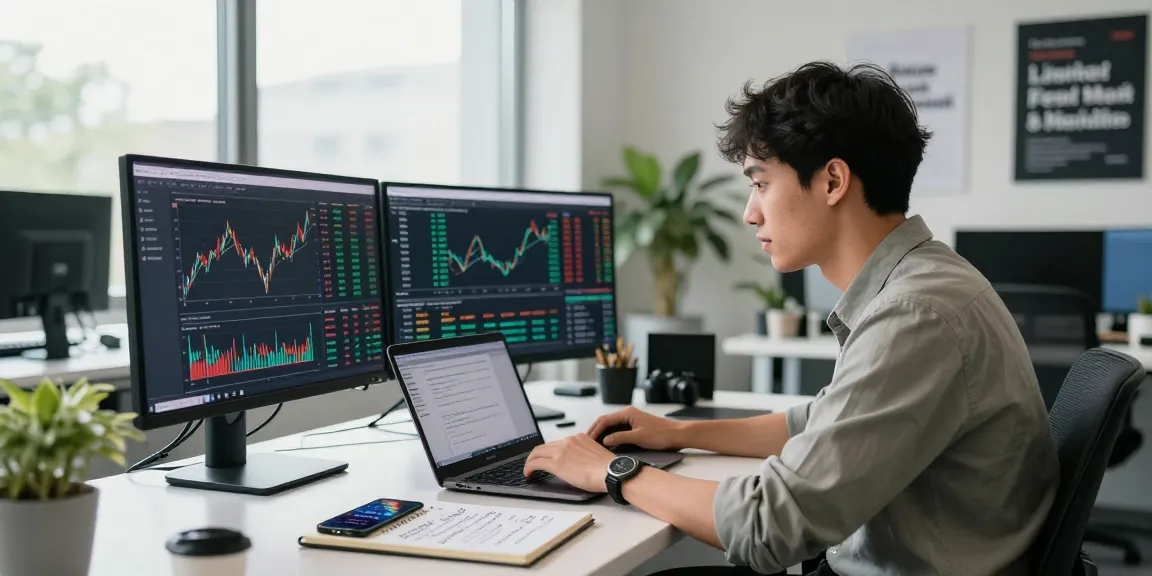 Man trading with Hyperliquid referral code (8000USDT) on multiple screens in a bright office.