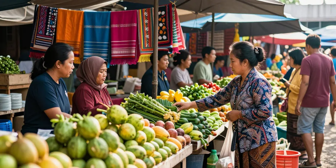 Pasar lokal di Indonesia dengan aktivitas transaksi dan Leci123 Login di layar smartphone.
